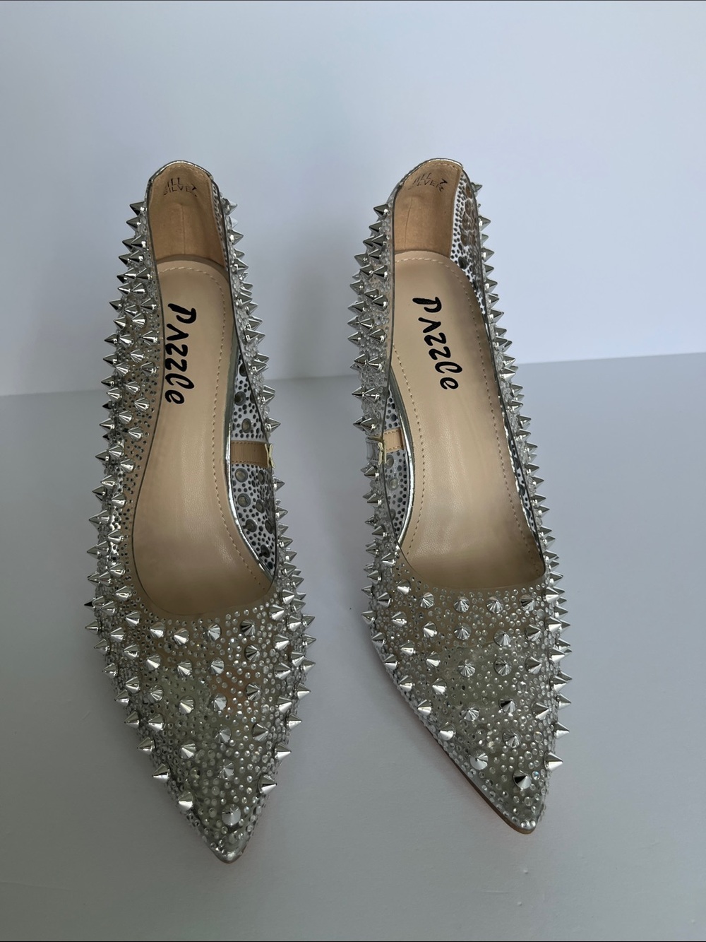 NEW Silver Crystal-Stud Pointed Toe Pumps